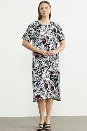 Desenli Kısa Kol Rahat Kalıp Elbise - Siyah