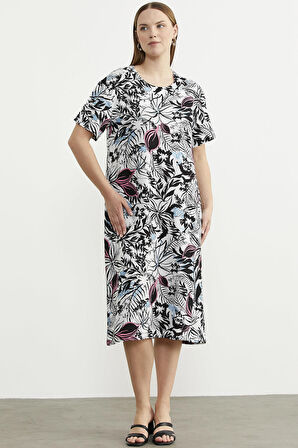 Desenli Kısa Kol Rahat Kalıp Elbise - Siyah