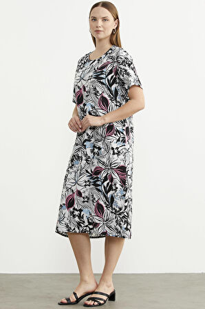 Desenli Kısa Kol Rahat Kalıp Elbise - Siyah