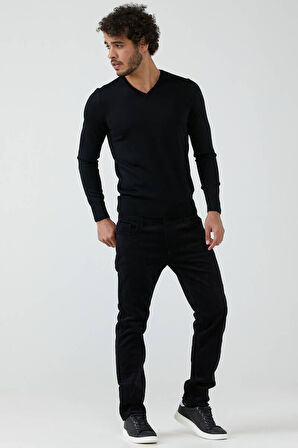 Erkek V Yaka Basic Triko Kazak - Siyah