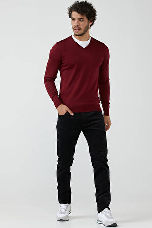 Erkek V Yaka Basic Triko Kazak - Bordo