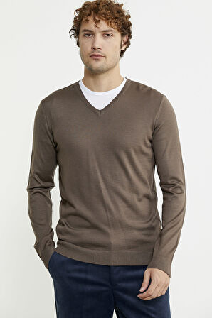 Erkek V Yaka Basic Triko Kazak - Vizon