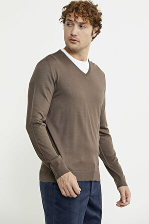 Erkek V Yaka Basic Triko Kazak - Vizon