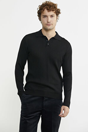 Polo Yaka Fitilli Triko Kazak - Siyah