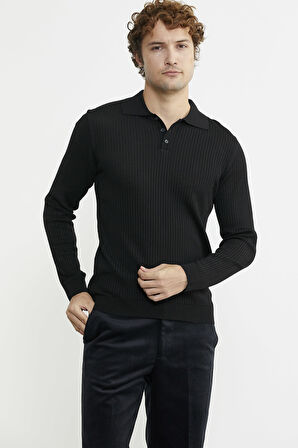 Polo Yaka Fitilli Triko Kazak - Siyah