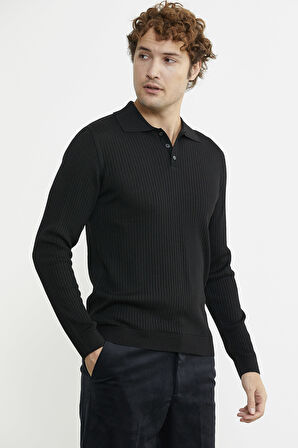 Polo Yaka Fitilli Triko Kazak - Siyah