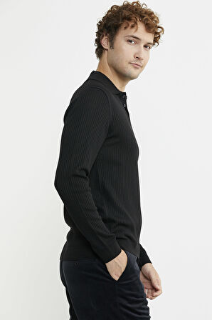 Polo Yaka Fitilli Triko Kazak - Siyah