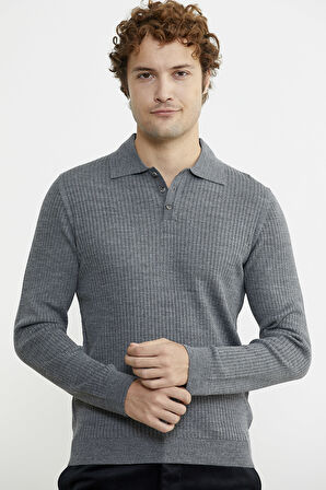 Polo Yaka Fitilli Triko Kazak - Füme