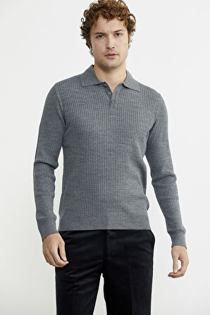 Polo Yaka Fitilli Triko Kazak - Füme