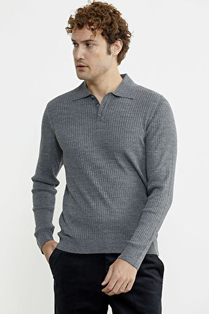 Polo Yaka Fitilli Triko Kazak - Füme