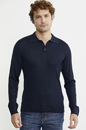 Polo Yaka Fitilli Triko Kazak - Lacivert