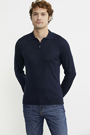 Polo Yaka Fitilli Triko Kazak - Lacivert