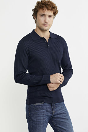 Polo Yaka Fitilli Triko Kazak - Lacivert