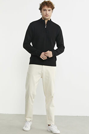 Yarım Fermuarlı Dik Yaka Triko Kazak - Siyah