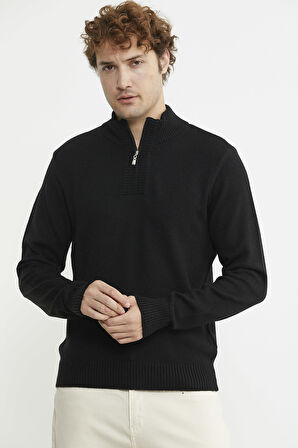 Yarım Fermuarlı Dik Yaka Triko Kazak - Siyah