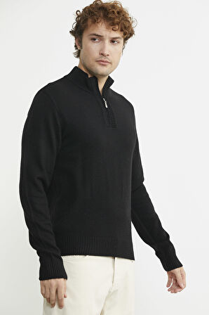 Yarım Fermuarlı Dik Yaka Triko Kazak - Siyah