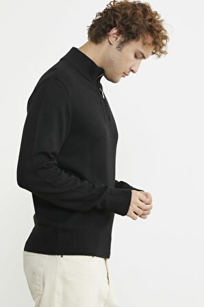 Yarım Fermuarlı Dik Yaka Triko Kazak - Siyah