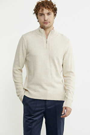 Yarım Fermuarlı Dik Yaka Triko Kazak - Taş