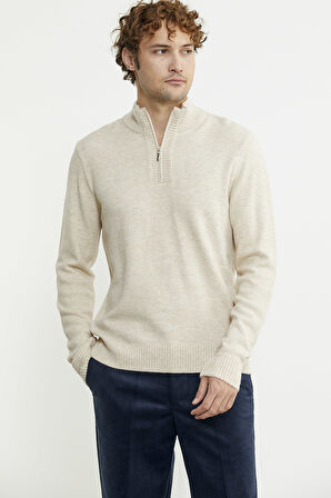 Yarım Fermuarlı Dik Yaka Triko Kazak - Taş