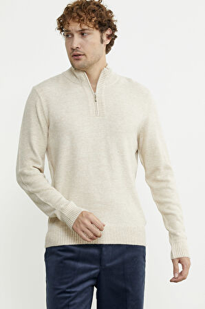 Yarım Fermuarlı Dik Yaka Triko Kazak - Taş