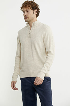 Yarım Fermuarlı Dik Yaka Triko Kazak - Taş