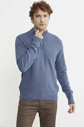 Yarım Fermuarlı Dik Yaka Triko Kazak - Indigo