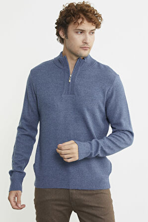 Yarım Fermuarlı Dik Yaka Triko Kazak - Indigo