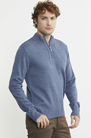 Yarım Fermuarlı Dik Yaka Triko Kazak - Indigo