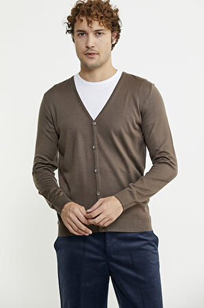 Erkek V Yaka Düğmeli Triko Hırka - Vizon