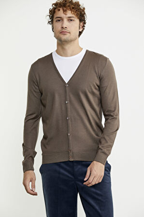 Erkek V Yaka Düğmeli Triko Hırka - Vizon