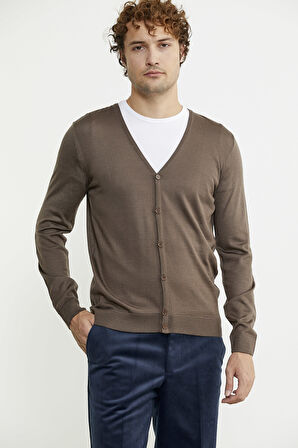 Erkek V Yaka Düğmeli Triko Hırka - Vizon