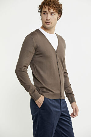 Erkek V Yaka Düğmeli Triko Hırka - Vizon