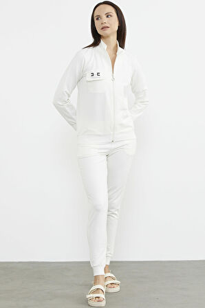 Fermuarlı Jogger Eşofman Takım - Ekru