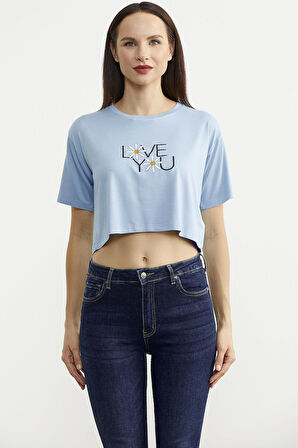 Oversize Baskılı Crop Tişört - Mavi