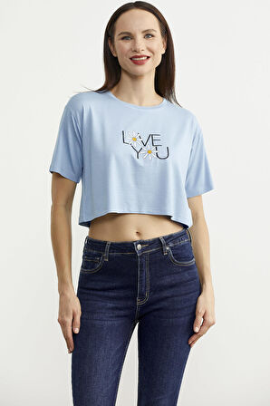 Oversize Baskılı Crop Tişört - Mavi