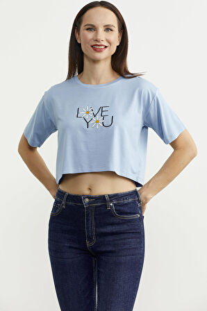 Oversize Baskılı Crop Tişört - Mavi