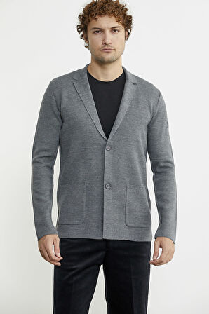 Düğmeli Cep Detaylı Triko Ceket - Füme