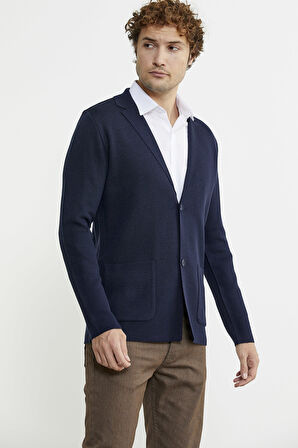 Düğmeli Cep Detaylı Triko Ceket - Lacivert