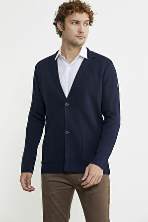 Düğmeli Cep Detaylı Triko Ceket - Lacivert