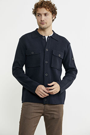 Polo Yaka Düğmeli Yünlü Triko Hırka - Lacivert