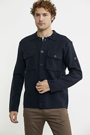 Polo Yaka Düğmeli Yünlü Triko Hırka - Lacivert