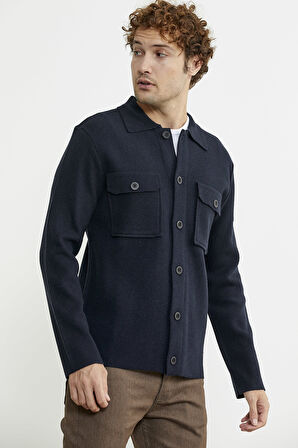 Polo Yaka Düğmeli Yünlü Triko Hırka - Lacivert