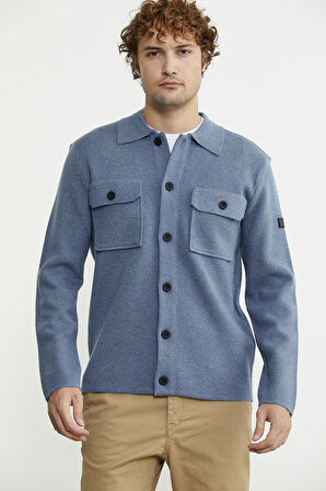 Polo Yaka Düğmeli Yünlü Triko Hırka - Mavi