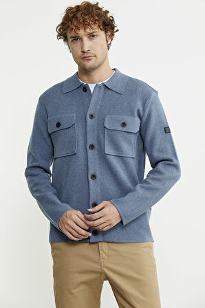 Polo Yaka Düğmeli Yünlü Triko Hırka - Mavi