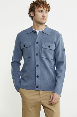 Polo Yaka Düğmeli Yünlü Triko Hırka - Mavi