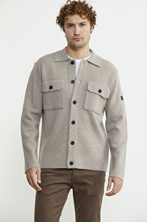 Polo Yaka Düğmeli Yünlü Triko Hırka - Vizon