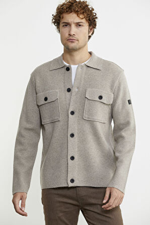 Polo Yaka Düğmeli Yünlü Triko Hırka - Vizon