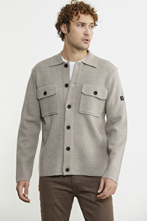 Polo Yaka Düğmeli Yünlü Triko Hırka - Vizon