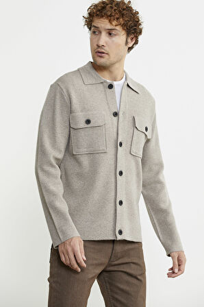 Polo Yaka Düğmeli Yünlü Triko Hırka - Vizon