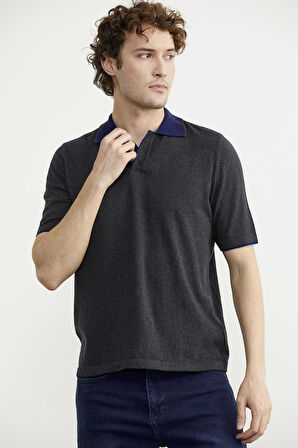 Pamuk Polo Yaka Kısa Kol Triko Tişört - Antrasit